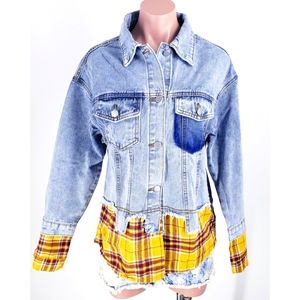 Light Wash Denim Jacket With Flannel Hem And Cuffs - LIKE NEW